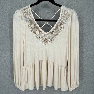 Torrid Babydoll V-Neck Embroidered Long Sleeve Top Size M Cream Boho Flowy NEW